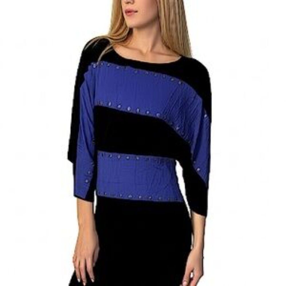 Vanilla Bay Black & Blue Striped Drape Sleeve Long Tunic Blouse with Studs Small